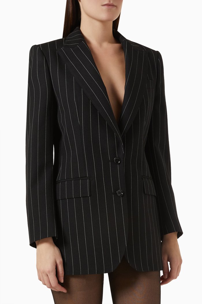 

Pinstripe Tailored Blazer in Wool-blend, Black