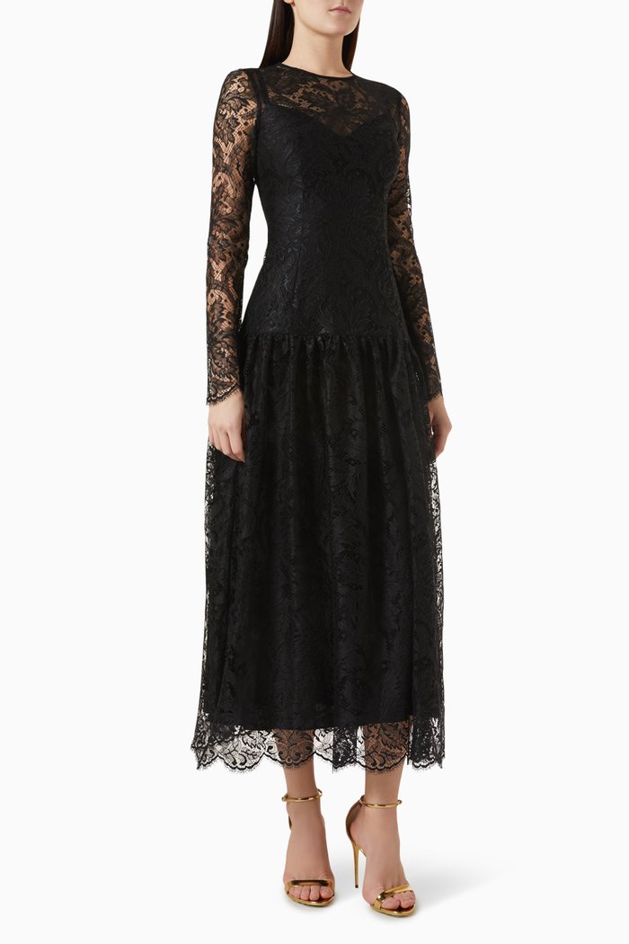 

Flared Midi Dress in Lace, Black