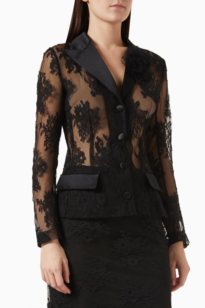 

Floral Sheer Jacket in Lace, Black
