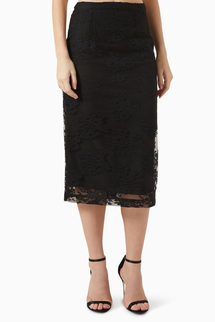 

Slit Pencil Midi Skirt in Lace, Black