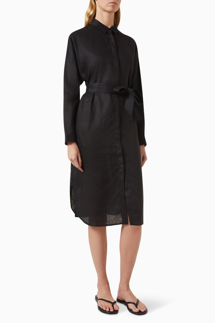 

Belted Shirt Midi Dress in Linen, Black