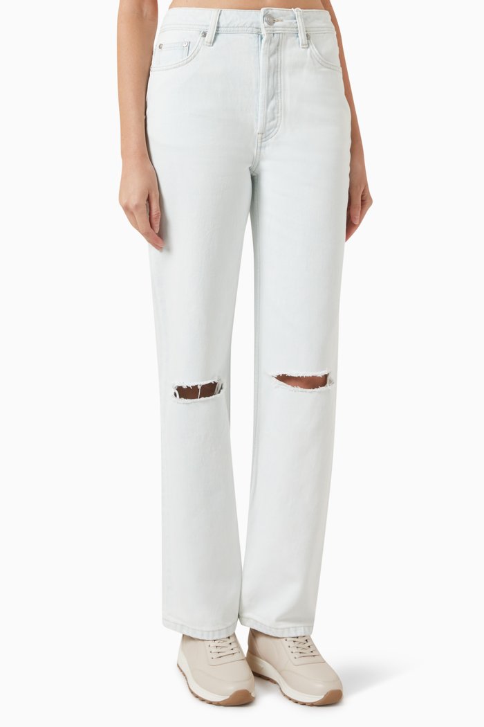 

Distressed Straight Leg Jeans in Organic Cotton, Blue