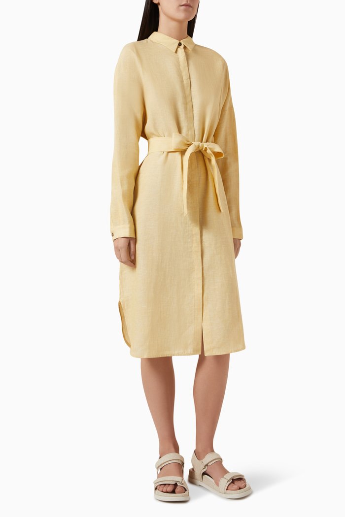 

Belted Shirt Midi Dress in Linen, Yellow