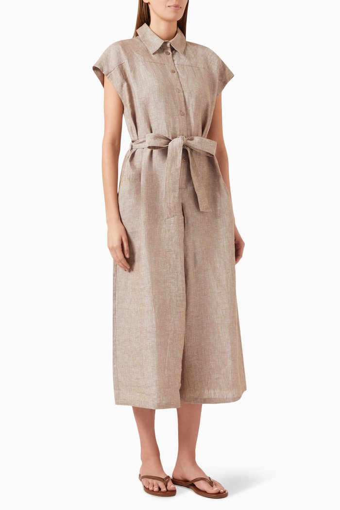 Belted Jumpsuit in Melange Linen, Neutral