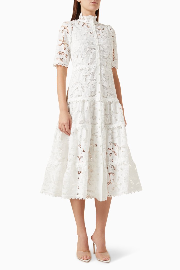 

Ledina Midi Dress in Lace, White