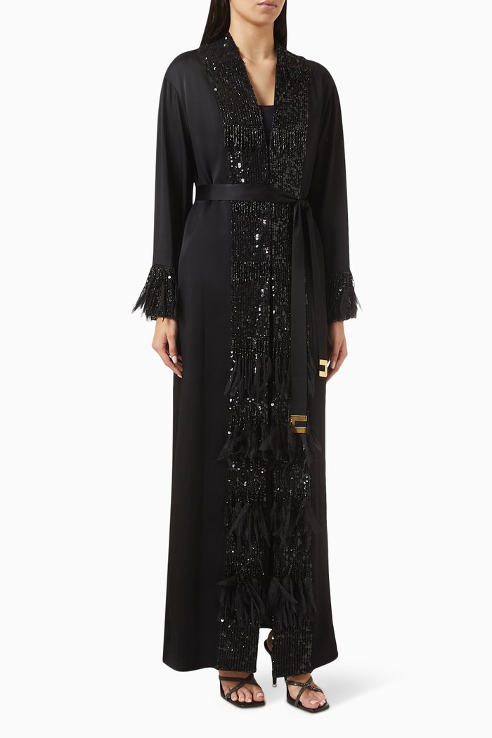 Embellished Kaftan in Silk, Black