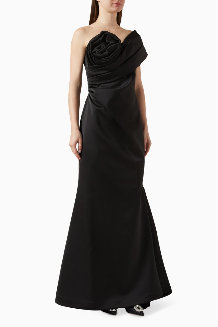 

Edan Draped Gown in Bonded Satin, Black