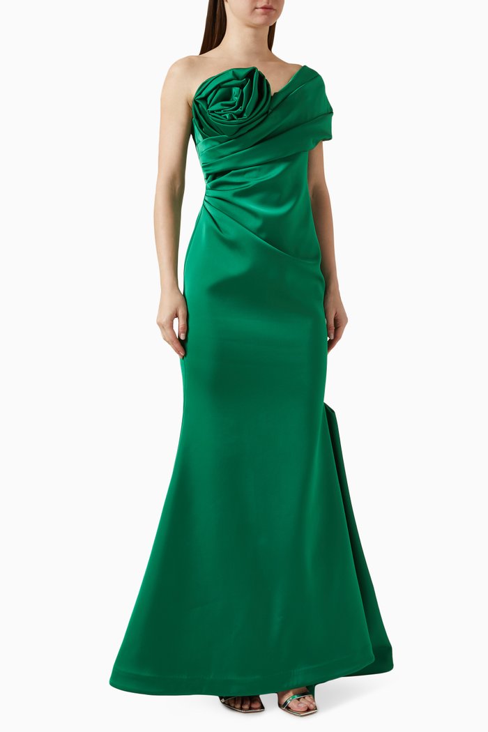 

Edan Draped Gown in Bonded Satin, Green