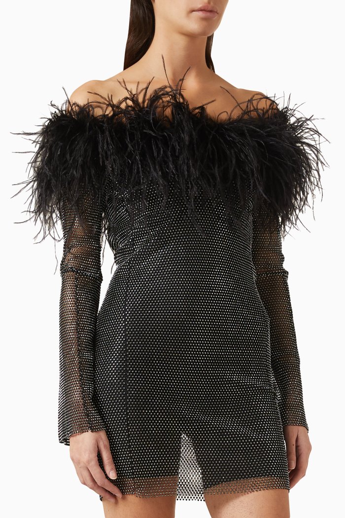 

Off-shoulder Mini Dress in Mesh, Black