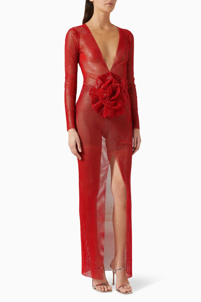 

Rhinestone-embellished Maxi Dress in Mesh, Red