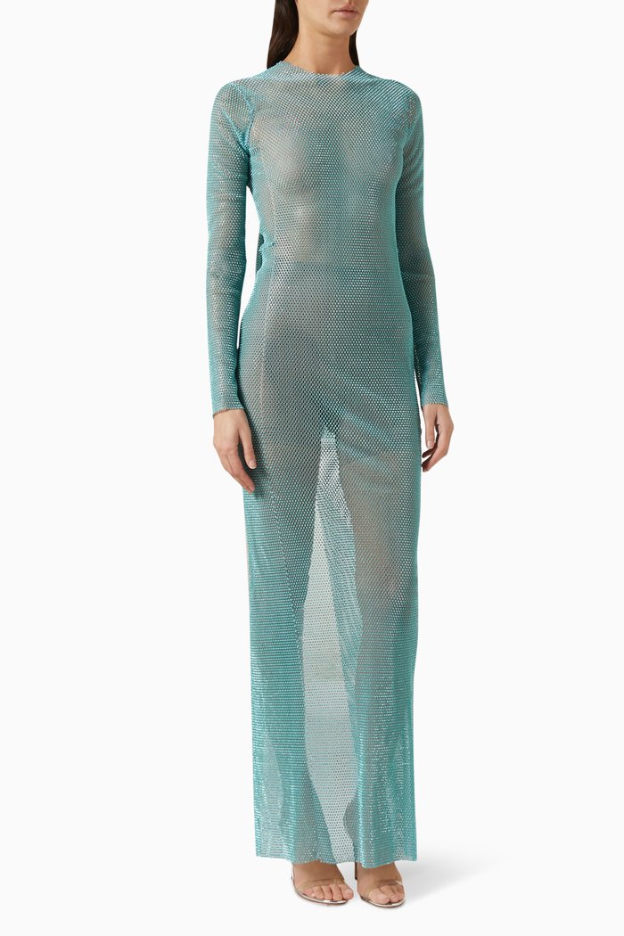 

Open-back Embellished Maxi Dress in Mesh, Blue