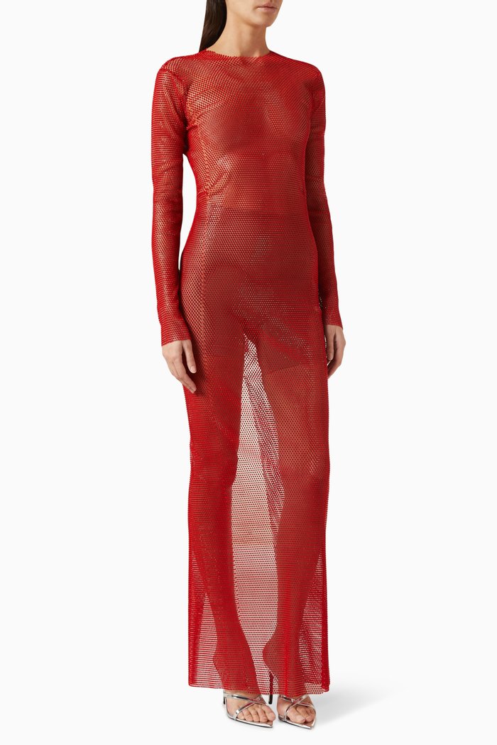 

Embellished Bow Maxi Dress in Mesh, Red