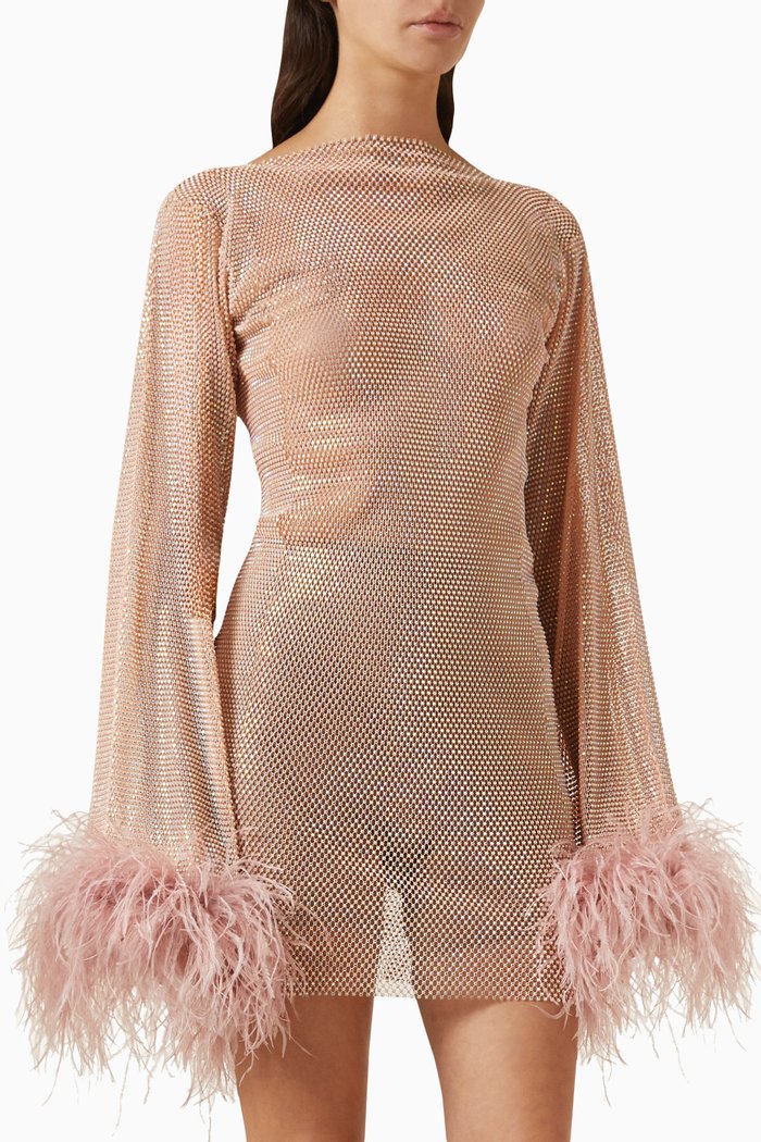 

Feather-trimmed Mini Dress in Mesh, Pink