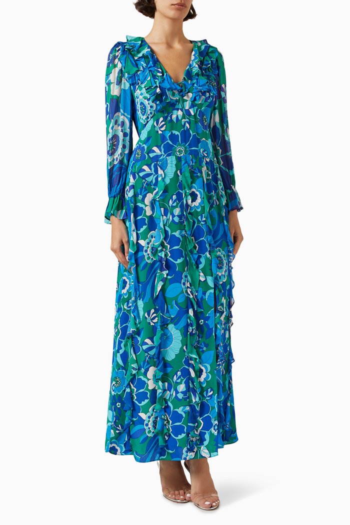 

Linnett Ruffled Maxi Dress in Silk Crepe de Chine, Blue
