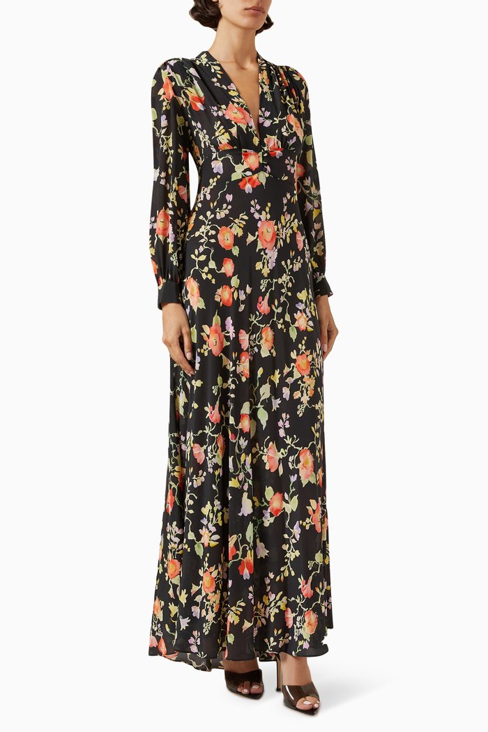 

Emory Floral-print Maxi Dress in Silk Crepe de Chine, Black