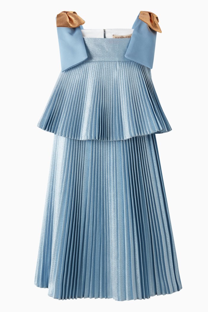 

Pleated Trapeze Dress in Lamé, Blue