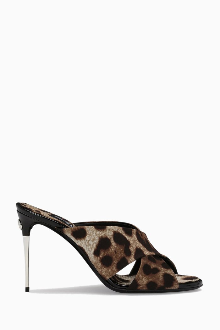 

Keira 85 Leopard-print Mule Sandals in Satin, Brown