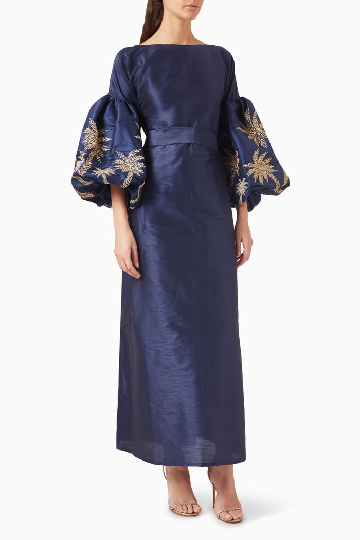 

The Signature Palm Tree Maxi Dress in Taffeta, Blue
