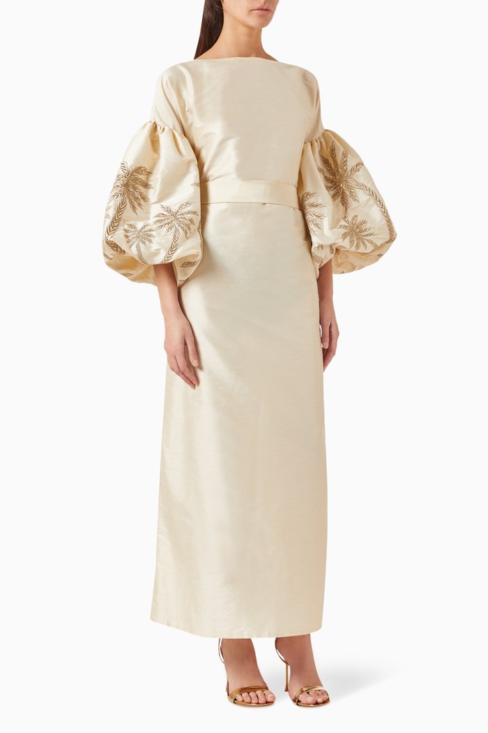 The Signature Palm Tree Maxi Dress in Taffeta, Neutral