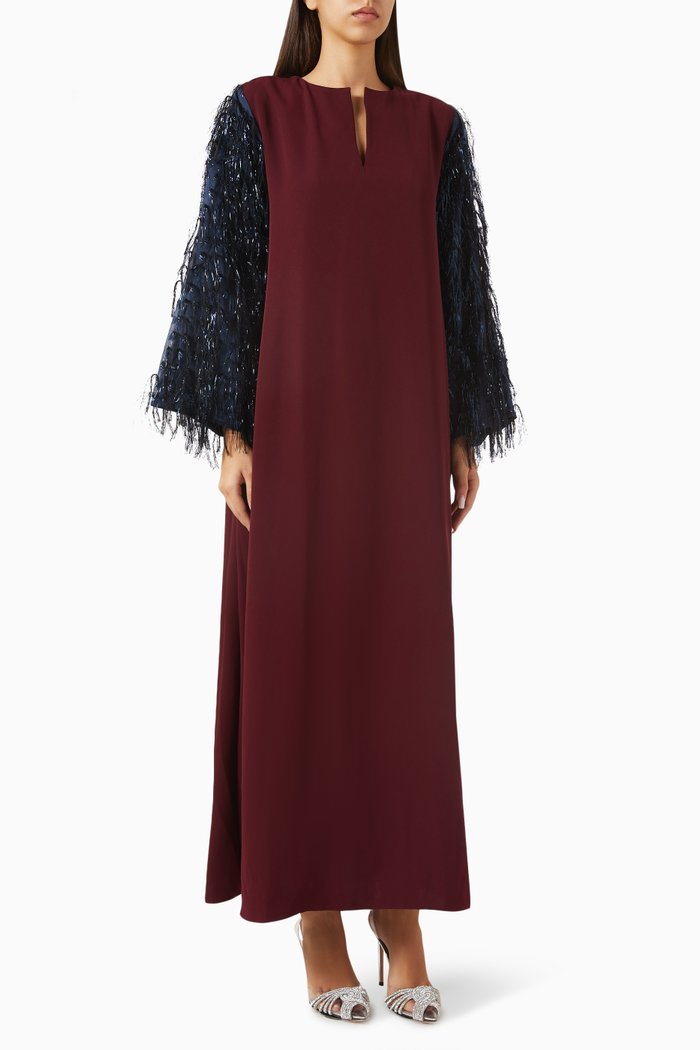 Delfina Belted Maxi Dress in Crepe & Organza, Red