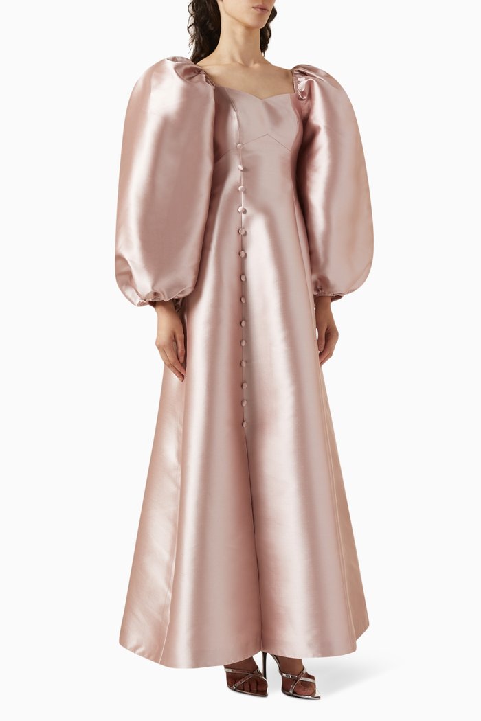 

Balloon-sleeve Maxi Dress in Satin, Pink