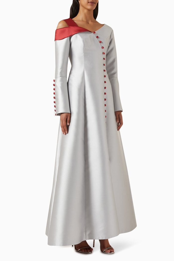 

Balloon-sleeve Maxi Dress in Satin, Silver