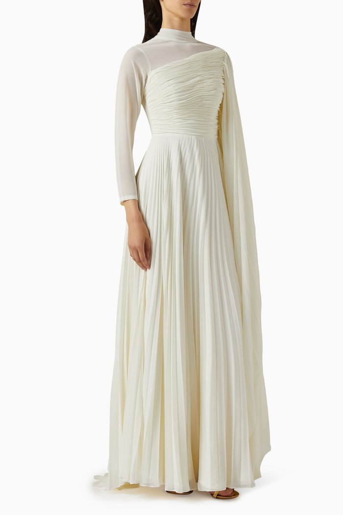 

Flared-sleeve Dress in Pleated Chiffon, Neutral
