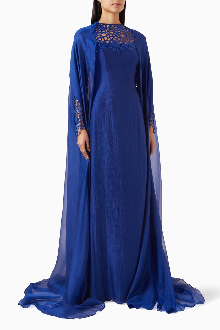 

Sequinned Crochet Cape Dress in Chiffon, Blue