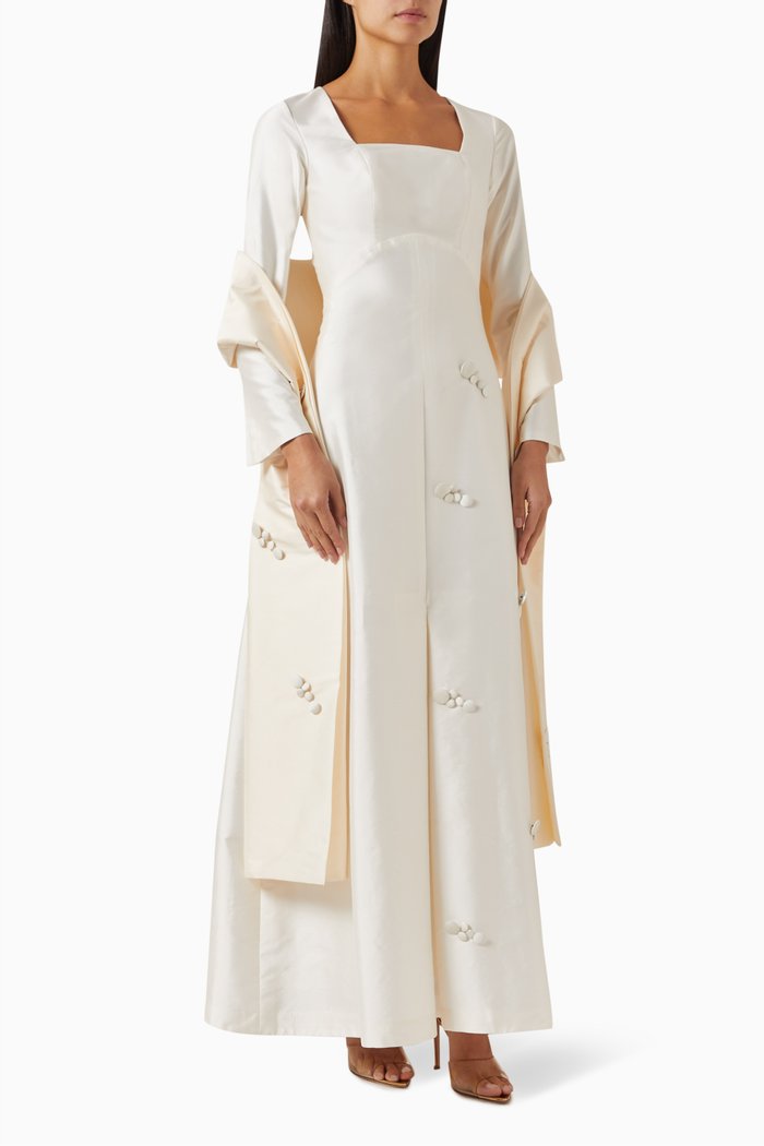 

Buttoned Dress & Stole in Mikado, Neutral
