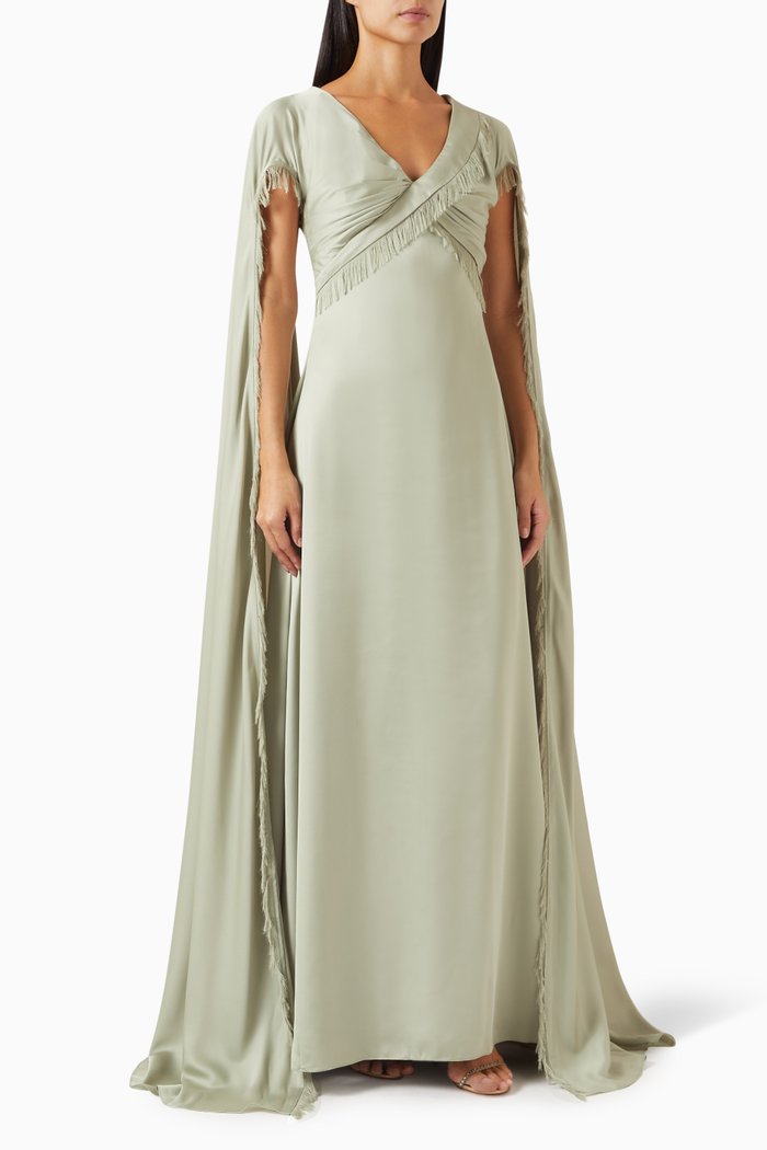 

Fringed Cape Dress in Crêpe, Green