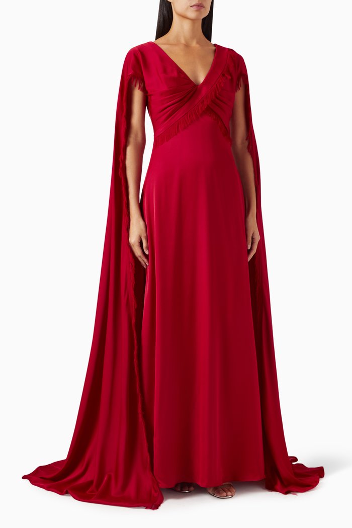 

Fringed Cape Dress in Crêpe, Red