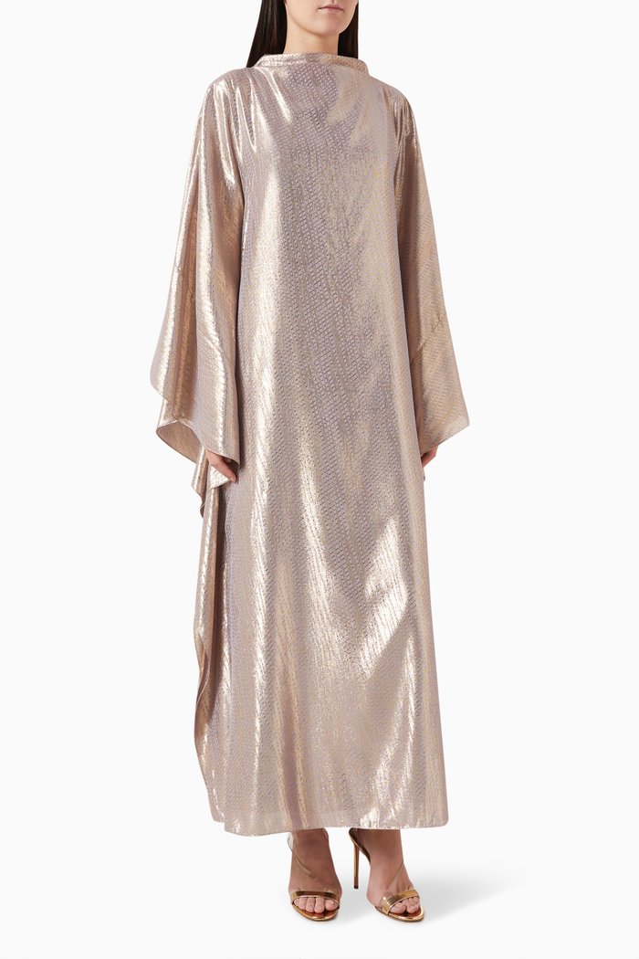 

High-neck Kaftan Set in Metallic Jacquard, Pink