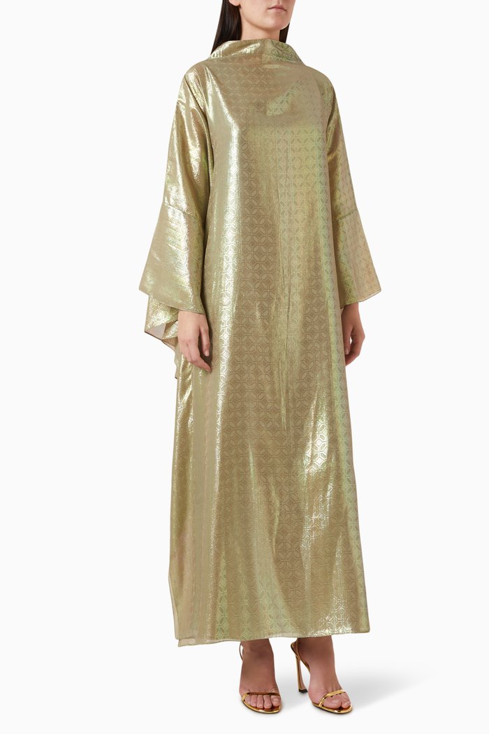 

High-neck Kaftan in Metallic Jacquard, Green