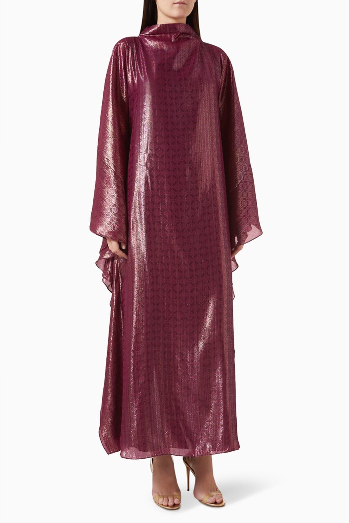 

High-neck Kaftan in Metallic Jacquard, Red