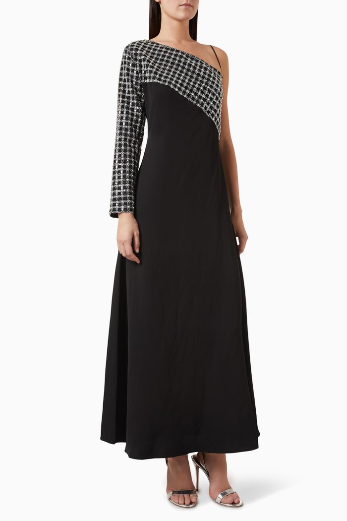 

Embellished One-shoulder Dress in Cotton-silk Blend, Multicolour