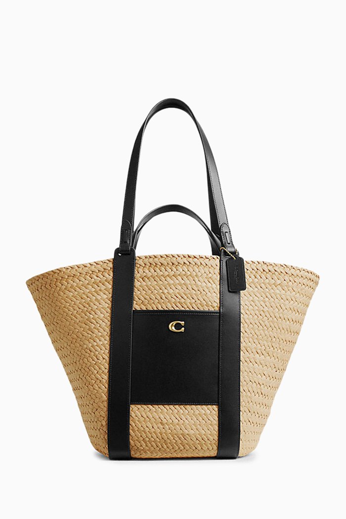 

Pocket Tote Bag in Leather & Raffia, Neutral