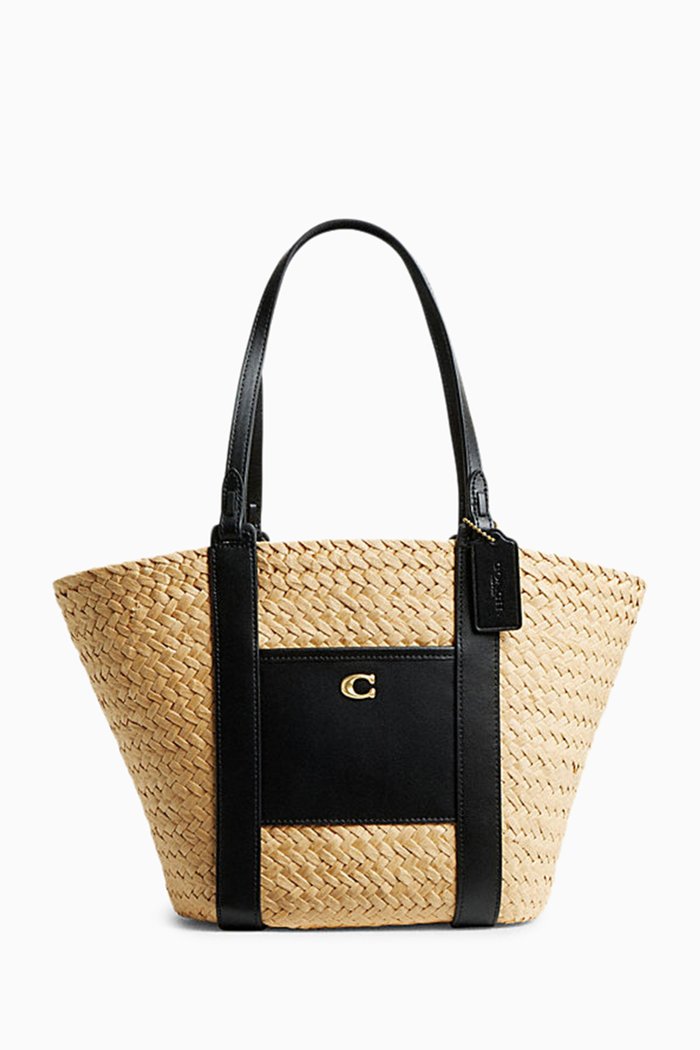 

Small Pocket Tote Bag in Leather & Raffia, Neutral