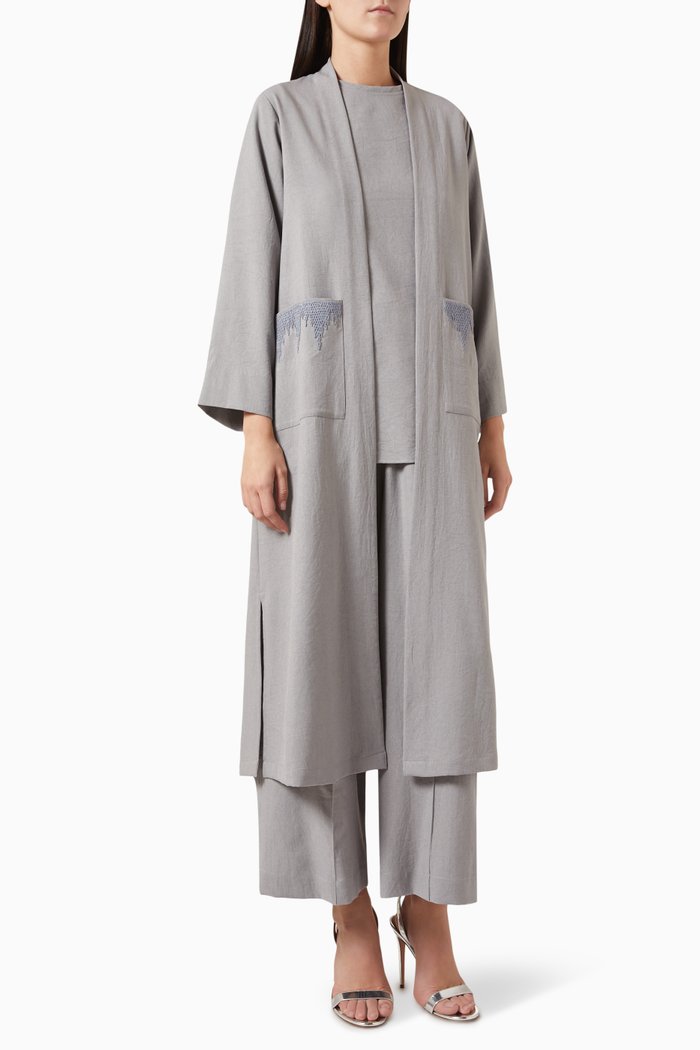 

4-piece Embroidered Abaya Set in Cotton-linen Blend, Grey
