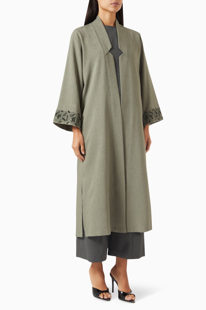 4-piece Embroidered Abaya Set in Cotton-linen Blend, Grey