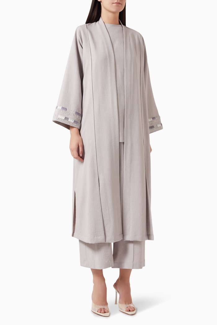 

4-piece Embroidered Abaya Set in Cotton-linen Blend, Purple