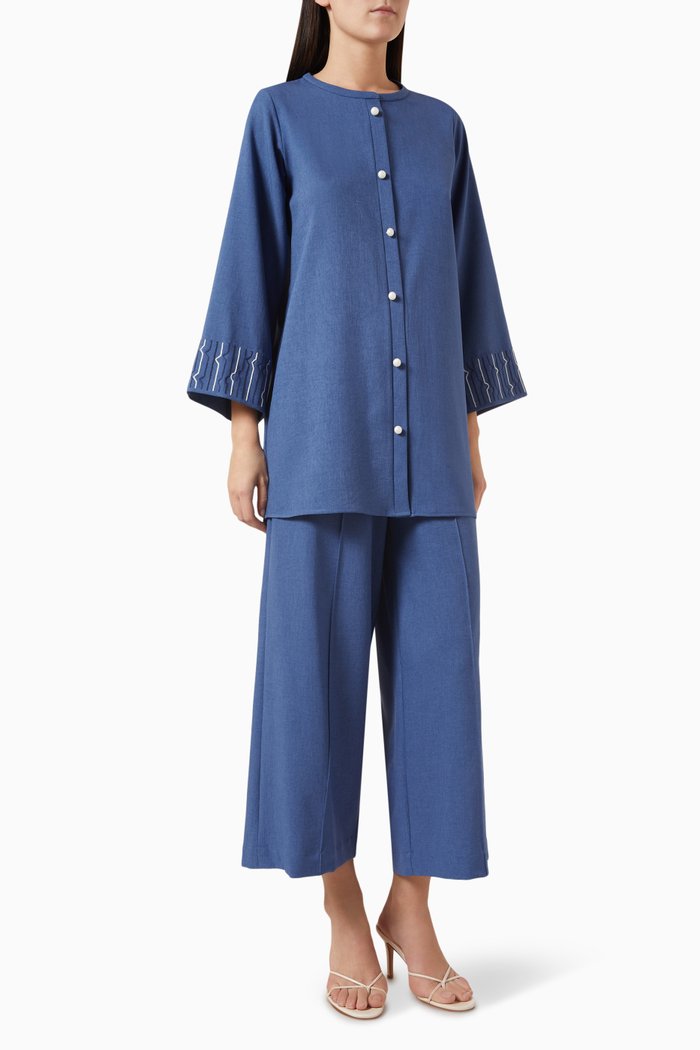 

2-piece Top & Pants Set in Cotton-linen, Blue