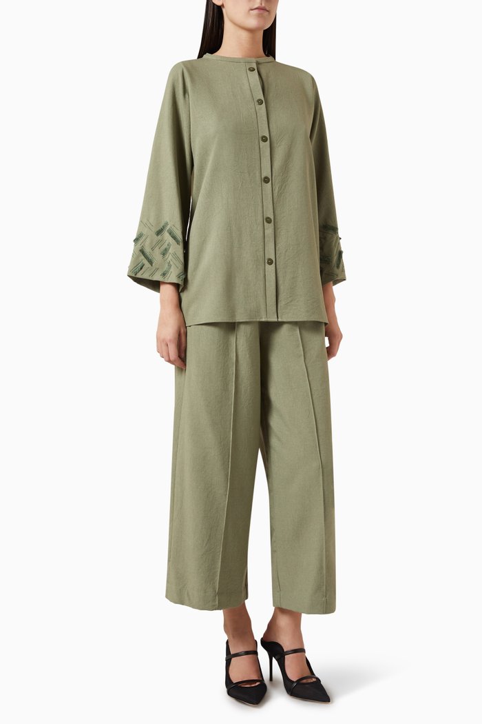 

2-piece Top & Pants Set in Cotton-linen, Green