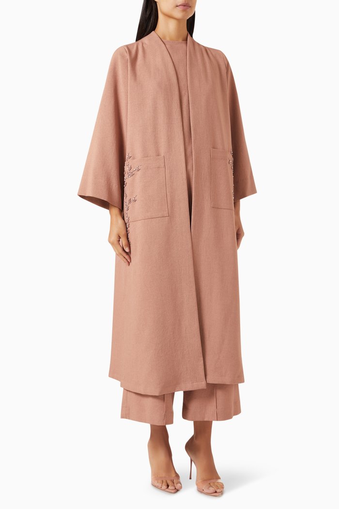 

4-piece Embroidered Abaya Set in Cotton-linen Blend, Pink
