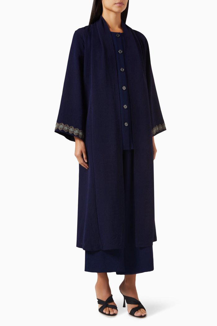 4-piece Embroidered Abaya Set in Cotton-linen Blend, Blue