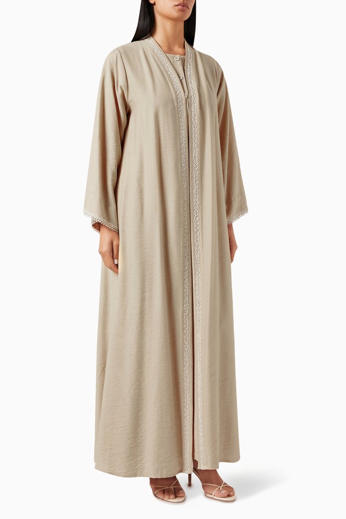 

3-piece Embroidered Abaya Set in Linen, Neutral