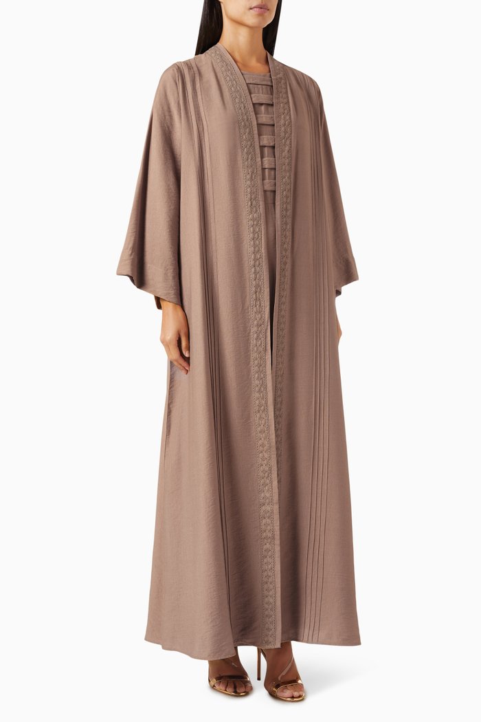 3-piece Embroidered Abaya Set in Cotton-linen, Brown
