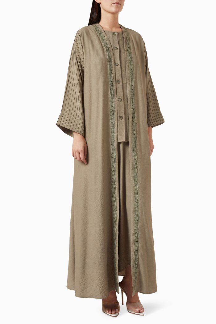 4-piece Embroidered Abaya Set in Cotton-linen Blend, Grey