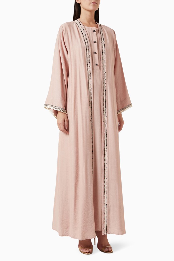3-piece Embroidered Abaya Set in Cotton-linen, Pink