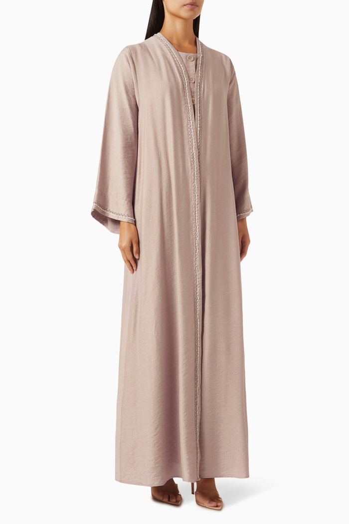 

3-piece Embroidered Abaya Set in Cotton-inen, Neutral