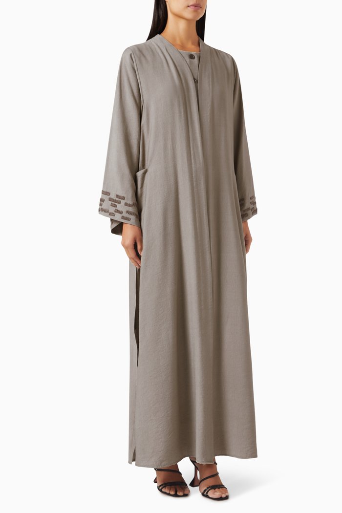 

4-piece Embroidered Abaya Set in Cotton-linen, Grey